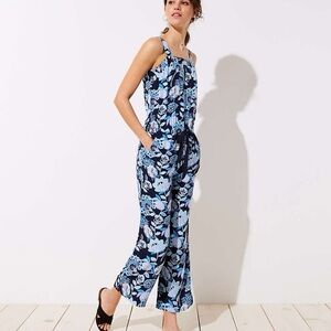 LOFT Womens Pineapple Dream Jumpsuit Blue Floral Wide Leg Cinched Waist Size 10P